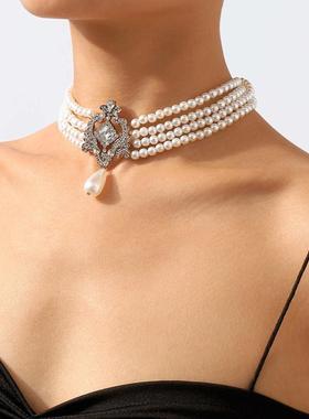 N11028法式复古珍珠项链 轻奢复古多层宫廷风颈链个性夸张项饰女