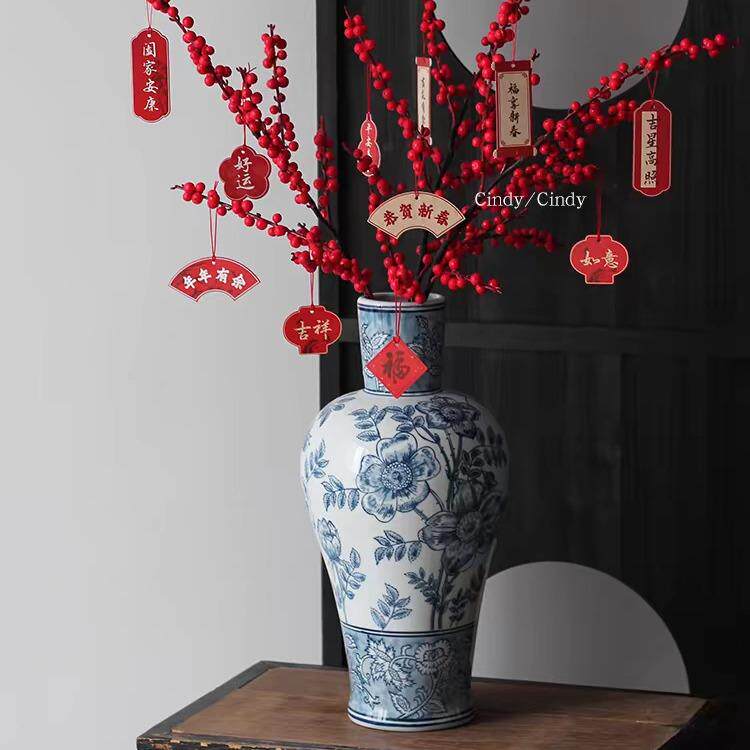 东方巴黎青花瓷花开福贵冬青陶瓷花瓶 新中式花器 装饰摆件