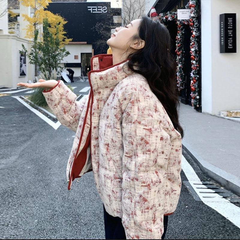 MEJEGOT 2025新中式国风印花羽绒服女短款小个子加厚保暖白鸭绒