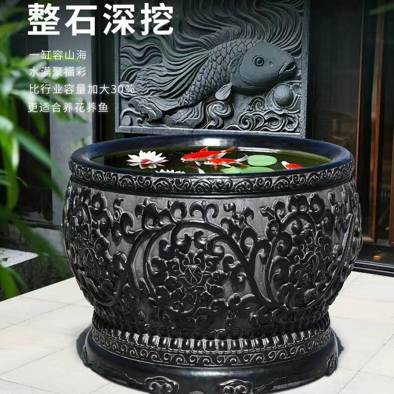 工厂石雕鱼缸庭院门海天然青石圆形花盆流水养花养鱼石头缸荷花缸