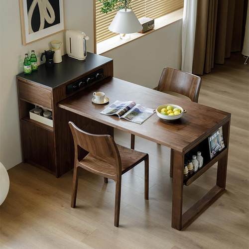 北美黑胡桃木岛台餐桌一体家用小户型窄岛台可伸缩岩板工作台定制