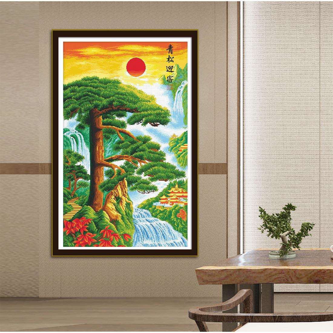 新款十字绣青松迎客入户玄关挂画迎客松竖版风景客厅装饰手工刺绣
