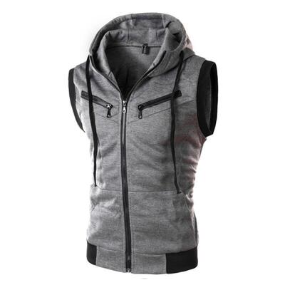 Men Sleeveless Slim Hoodie Vest Zipper Drawstring Gilet