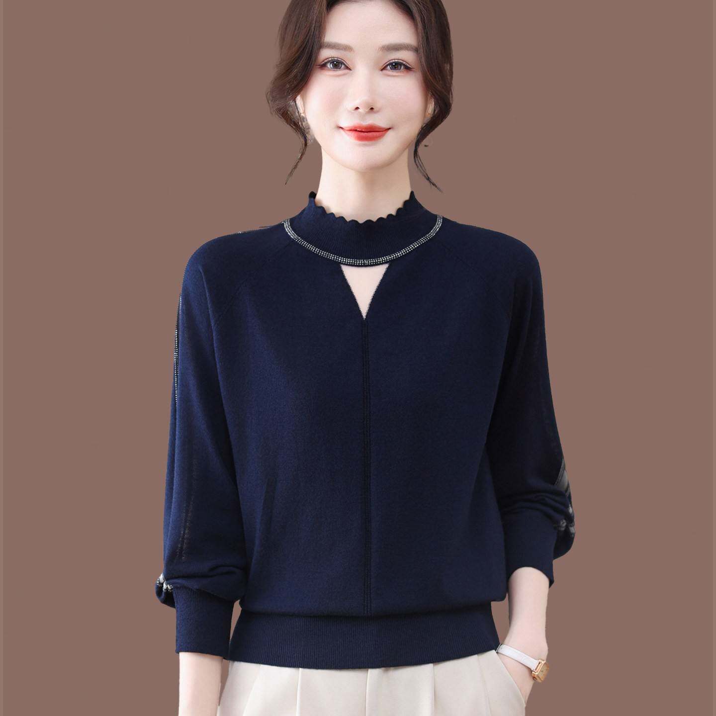 高端桑蚕丝长袖t恤女妈妈春装洋气减龄纱袖上衣针织打底小衫