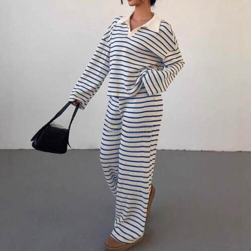 Womens Modest Fashion Striped Collar Knit Loose Long Sleeve