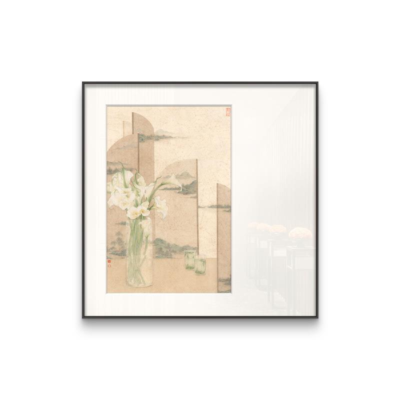 新中式餐厅背景墙装饰画茶室禅意挂画国风卧室床头壁画马蹄莲花卉