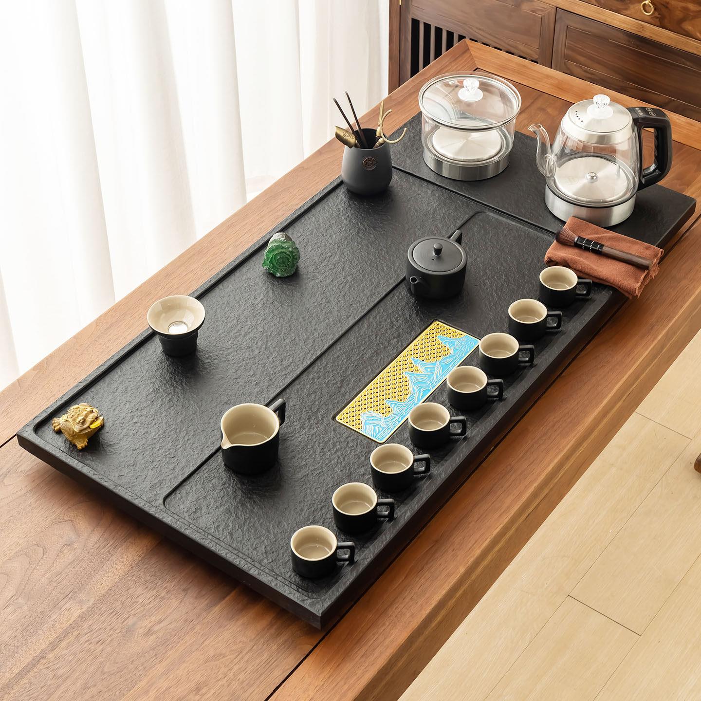 天然乌金石茶盘茶具套装自动电器烧水一体石头茶台家用轻奢电磁炉