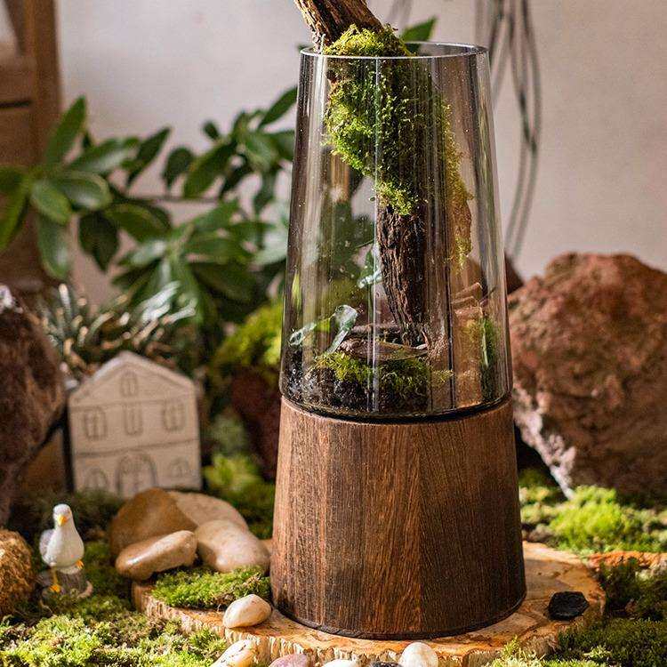 轻奢玻璃花瓶实木底水养富贵竹马醉木插花干花器客厅餐桌摆件