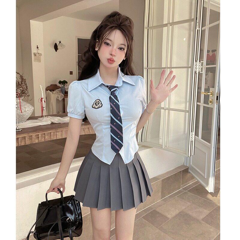 2026夏季新款甜美学院风泡泡短袖衬衫女短款收腰工作服制服上衣