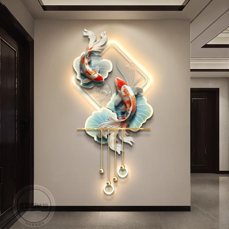 锦鲤荷花正对门入户玄关装饰画过道楼梯灯画新中式好寓意招财挂画图片