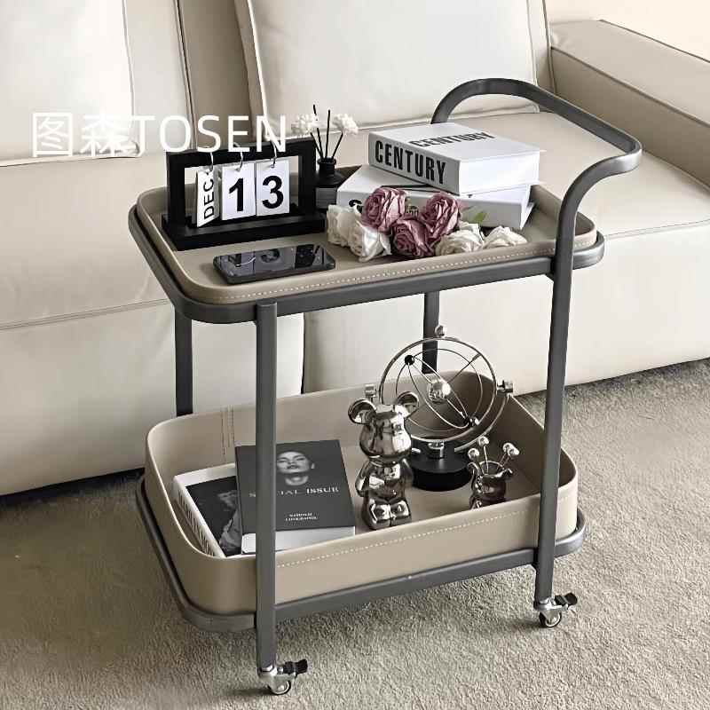 意式轻奢可移动茶几马鞍皮沙发边几小推车客厅家用带轮收纳置物架