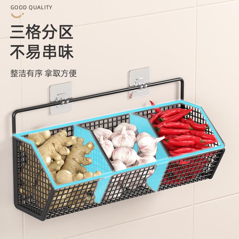 供应葱姜蒜收纳盒篮壁挂免孔置打架厨筐房生姜大蒜多功能物架.