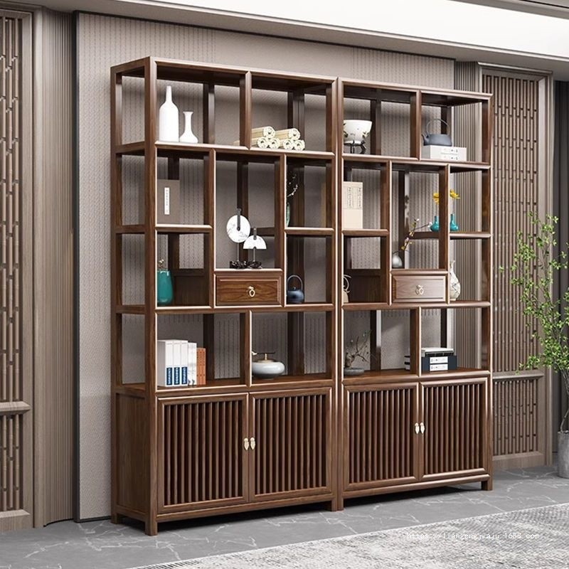 实木新中式博古架南榆木置物架仿古茶叶茶室展示柜客厅隔断置物架