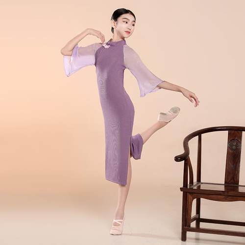 高档儿童中国民族风古典舞服弹力旗蹈袍身练功表演韵喇叭裙新出款