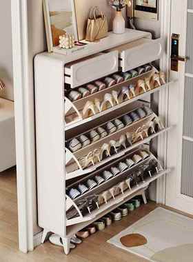 奶油风超薄鞋纳柜家用门口门靠墙收玄VUK关翻柜一体楼道走廊斗鞋