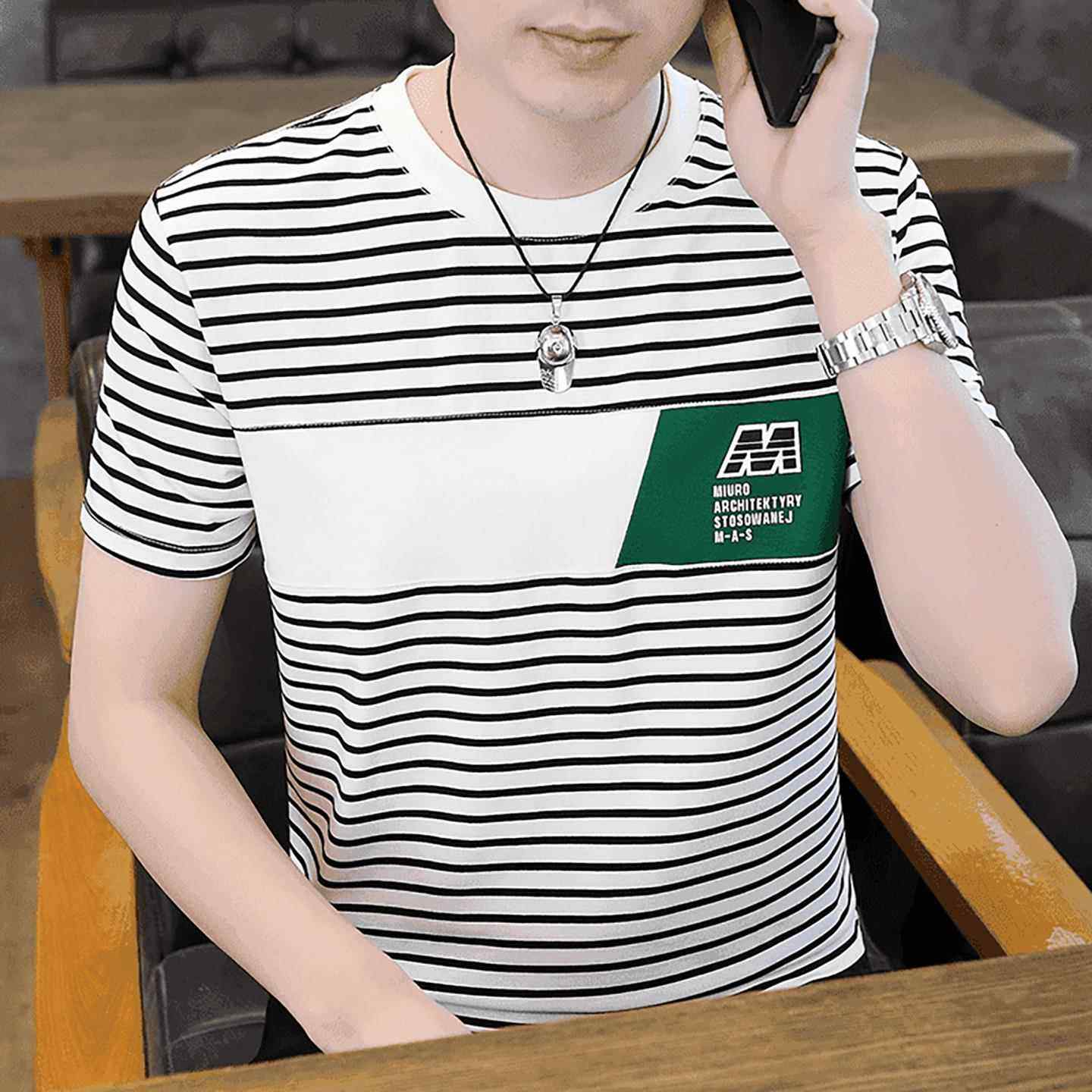 琉灵优选高档短袖男T恤2025新款纯棉圆领条纹半袖夏薄款修身上衣