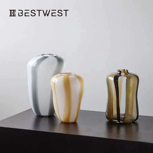 Best west 彩色条纹异形水培玻璃花瓶样板间花器软装饰品花器摆件