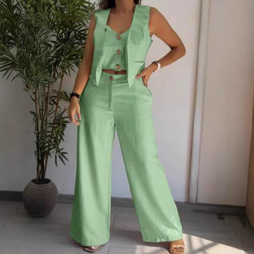 Women'S 2 Pieces Outfits Metal Button Decor V Neck