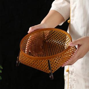 手工擦大漆竹编果盘篮子家用茶具收纳筐镂空零食水果篮茶点盘 中式