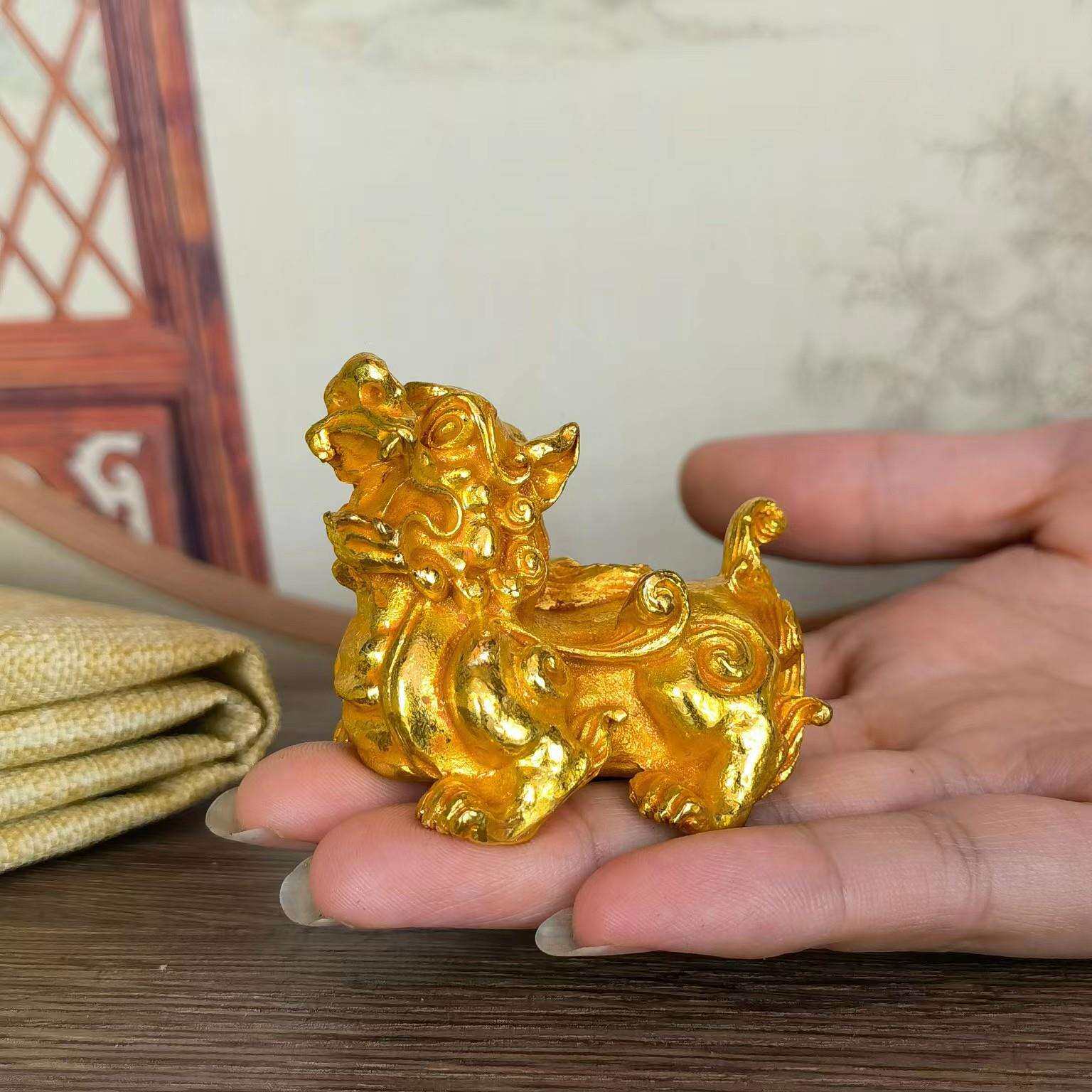 古玩收藏仿古实心合金铜鎏金瑞兽狮子貔貅小摆件多款动物