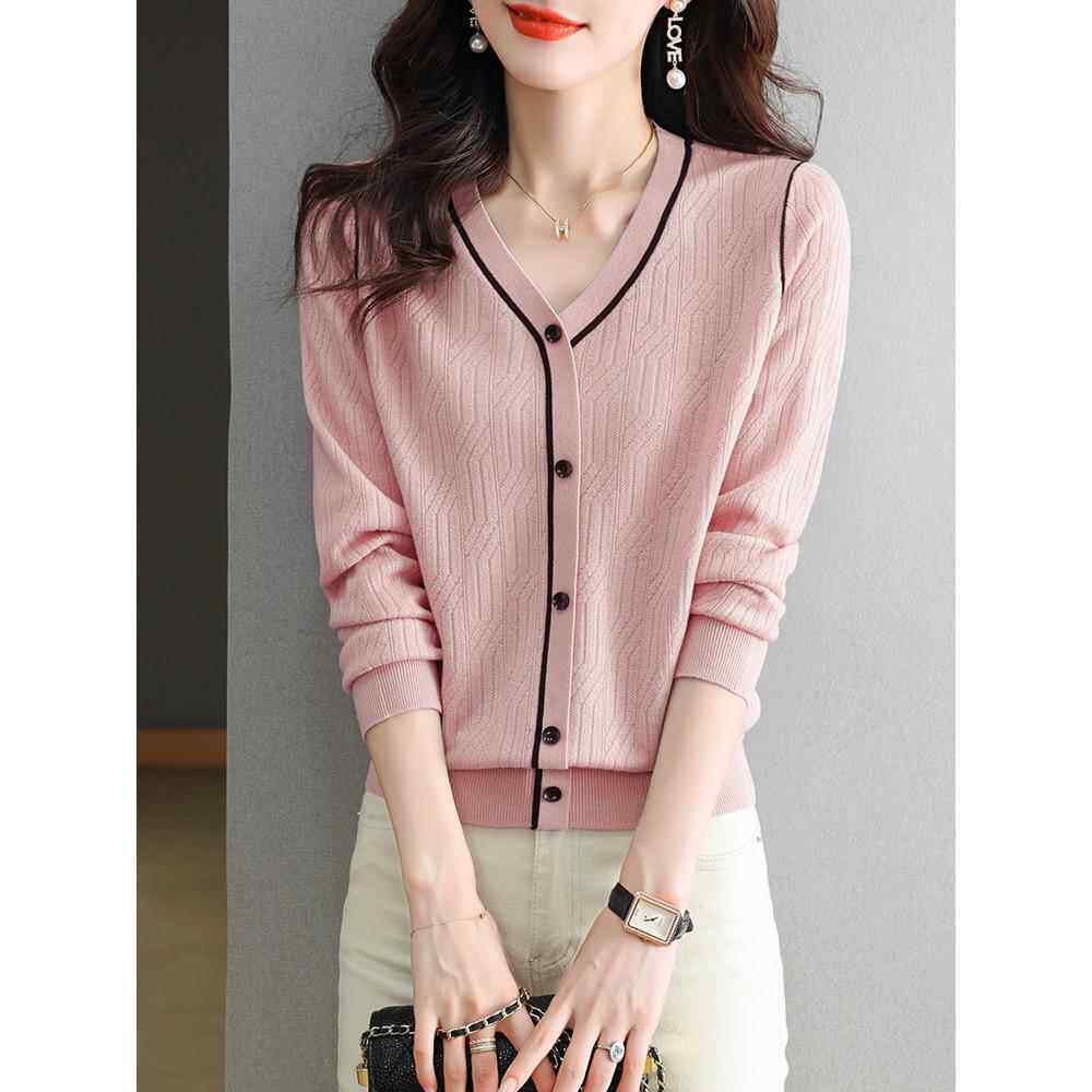 长袖v领针织衫女2025秋季新款洋气时尚宽松薄款打底上衣春秋内搭