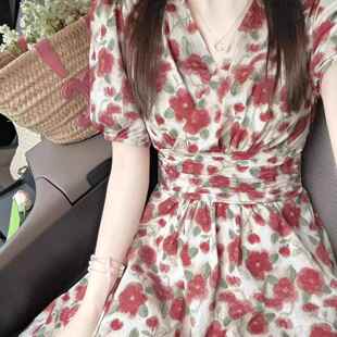 大码胖mm桔梗茶歇法式碎花短袖连衣裙女夏季新款收腰显瘦长裙子潮