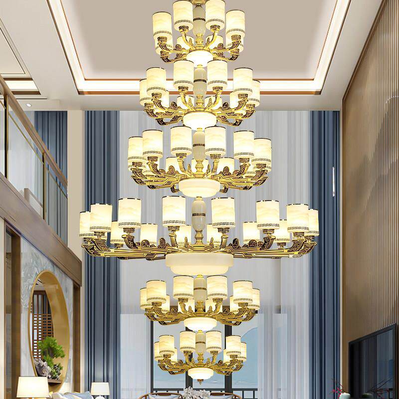 新中式别墅客厅中空大吊灯楼中楼挑空跃层大厅三层四层楼梯灯具