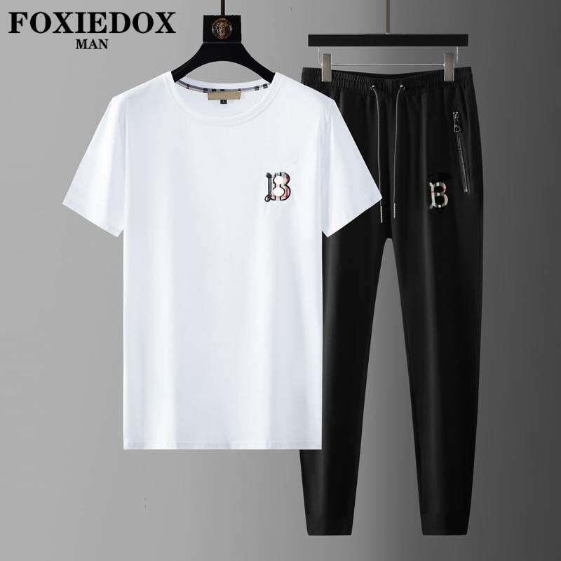 FOXIEDOX品牌男士夏季套装2025新款丝光棉休闲短袖男一套运动透气