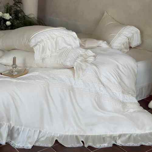 纯色淡雅凉感莱赛尔天丝四件套法式蕾丝花边床单被套裸睡床品