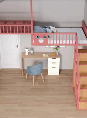 阁楼高架床省空间多功能铁架床复试二楼床简约轻奢儿童梯柜