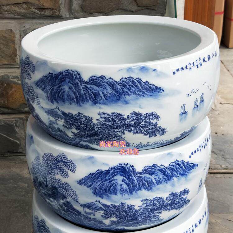 景德镇陶瓷器青花瓷山水画鱼缸碗莲荷花盆金鱼乌龟缸聚宝盆卷轴缸