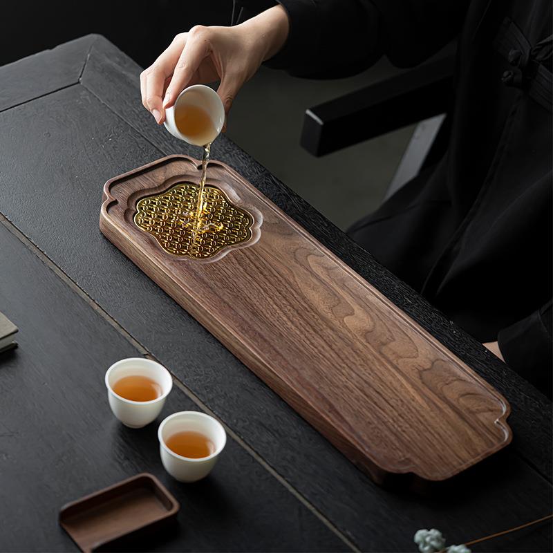 实木茶盘黑胡桃木干泡台新中式家用排水管小茶盘干湿两用