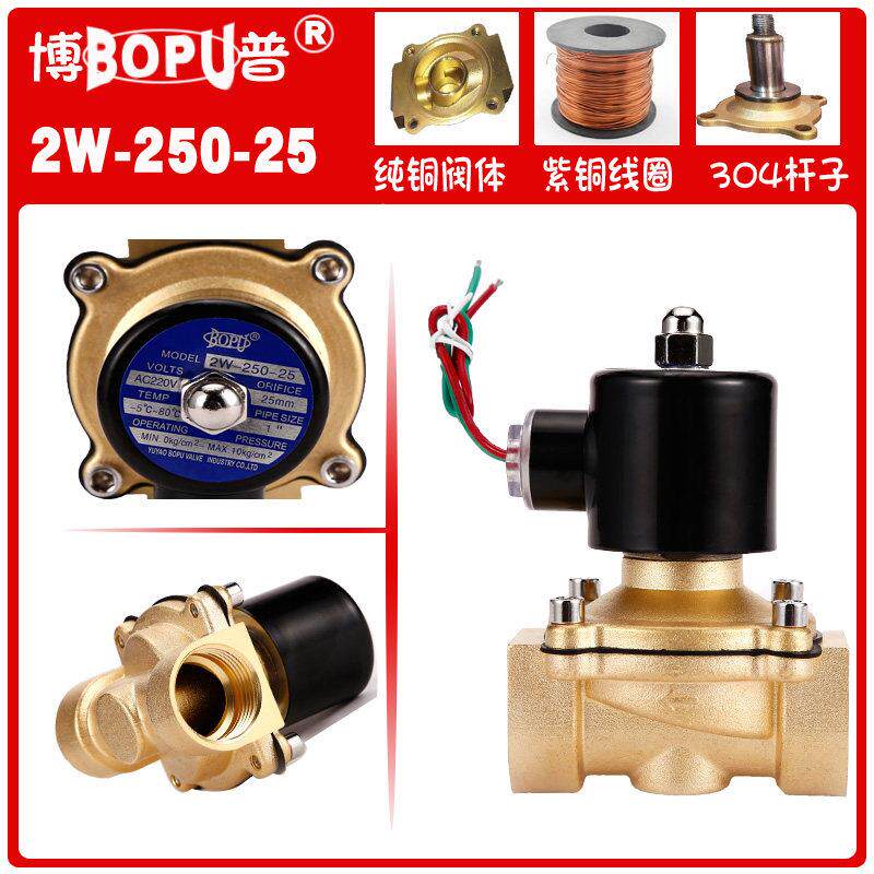 博普1寸 全铜电磁阀 2W-250-25 全铜线圈 水阀 排气阀 AC220V阀
