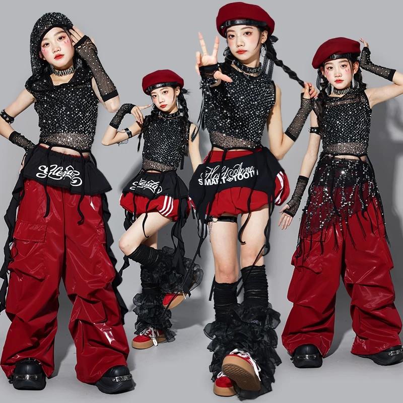 女童红色亮片爵士舞服装幼儿jazz走秀套装儿童街舞演出服上衣潮装