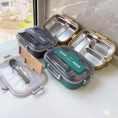 三格不锈钢饭盒带餐具便当盒加热保温学生午餐盒日式外贸