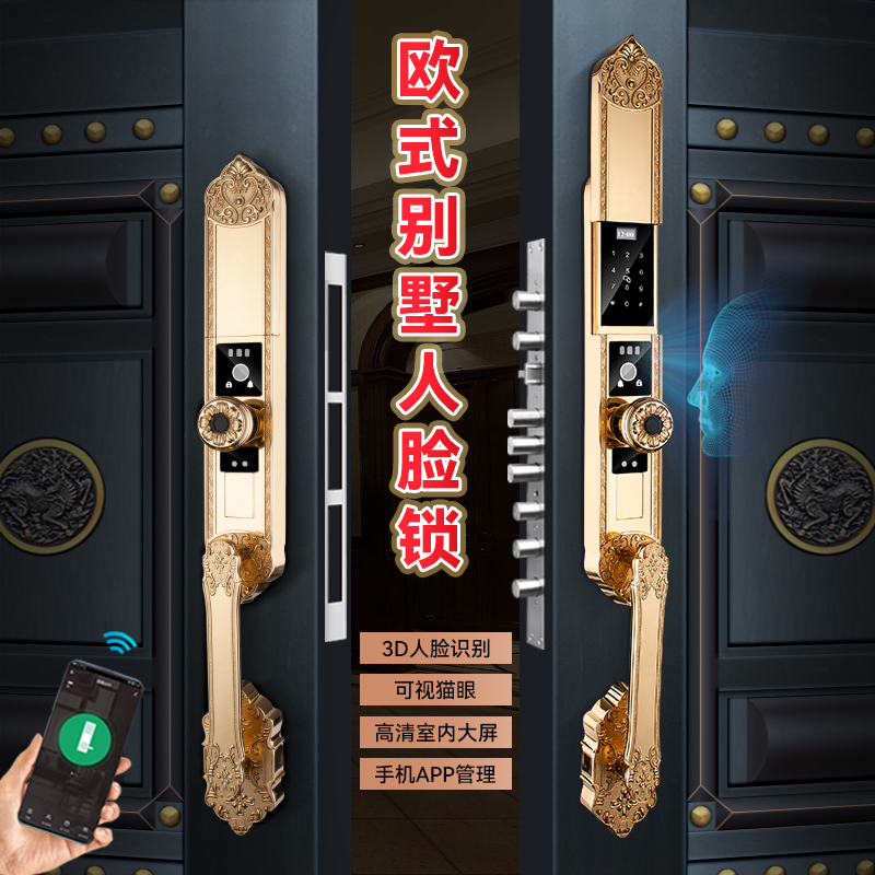 别墅双开大门指纹锁3D人脸识别智能门锁庭院门家用入户门防盗门锁