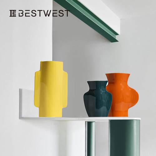 Best west 创意彩色亮面扁形水培陶瓷花瓶 高档家居软装饰品花器