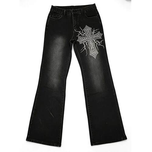 Cross print jeans women's micro flared pants