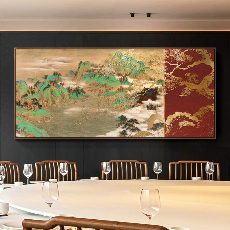 新中式客厅沙发背景墙装饰画酒店餐厅高档山水风景画巨幅浮雕挂画图片
