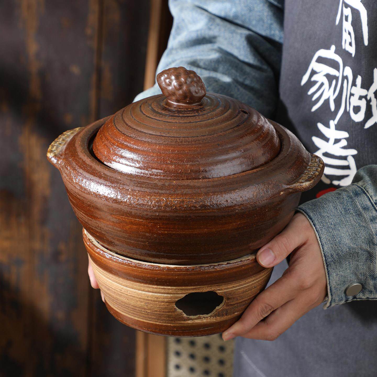 复古手工粗陶砂锅套装 锁鲜保温双耳炖锅 家用明火燃气灶耐热煲汤