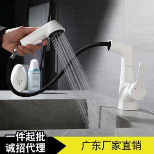 面盆龙头枪灰黑色升降冷热带花洒伸缩混水龙头 全铜白色旋转抽拉式