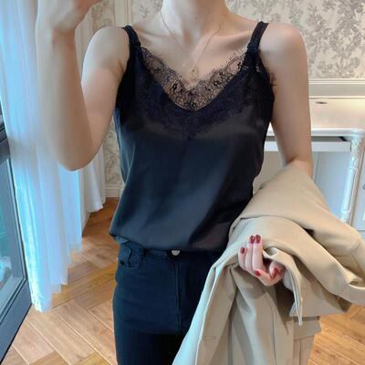黑色蕾丝吊带背心女2025年夏季性感西装内搭别致无袖缎面打底上衣