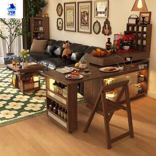 实木胡桃色中风旋转岛台餐桌一台体可吧伸缩小户FEY型古餐边柜桌