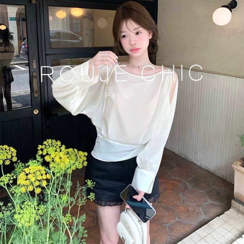 ROUJE CHIC法式设计感纯色露肩绑带长袖衬衫女春通勤气质衬衣上衣