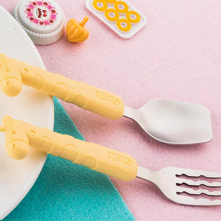 婴幼儿童卡通塑钢勺叉套装 304不锈钢方勺叉子 母婴创意