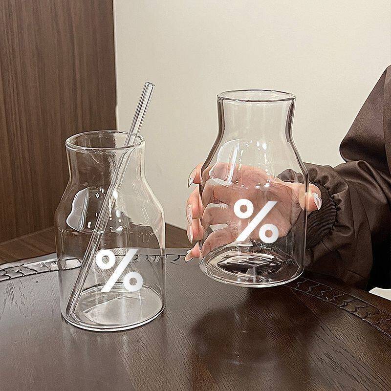 大容量百分号玻璃杯夏季水杯牛奶杯家用冰美式咖啡杯果汁杯吸管杯