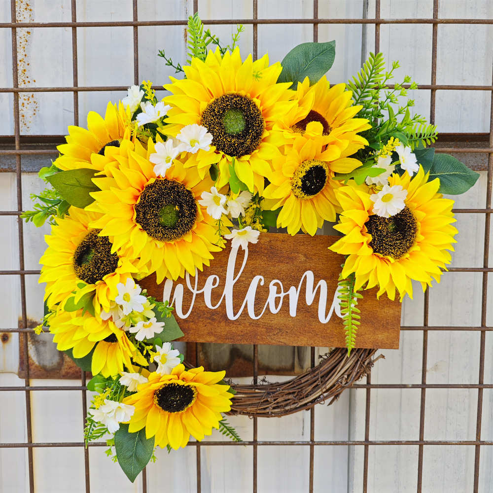 假欢迎花门牌仿真壁挂鸿花仿真纵家居装饰藤花环装饰前门圈向日葵
