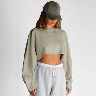 Women'S Plain Batwing Sleeve Crop Sweatshirt, Street Casual
