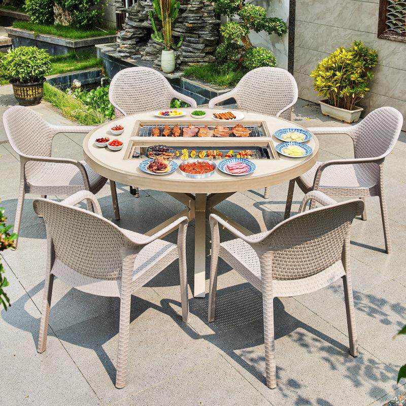户外烧烤圆桌椅组合铝合金室外庭院别墅露天炭烤电烤餐桌防水防晒