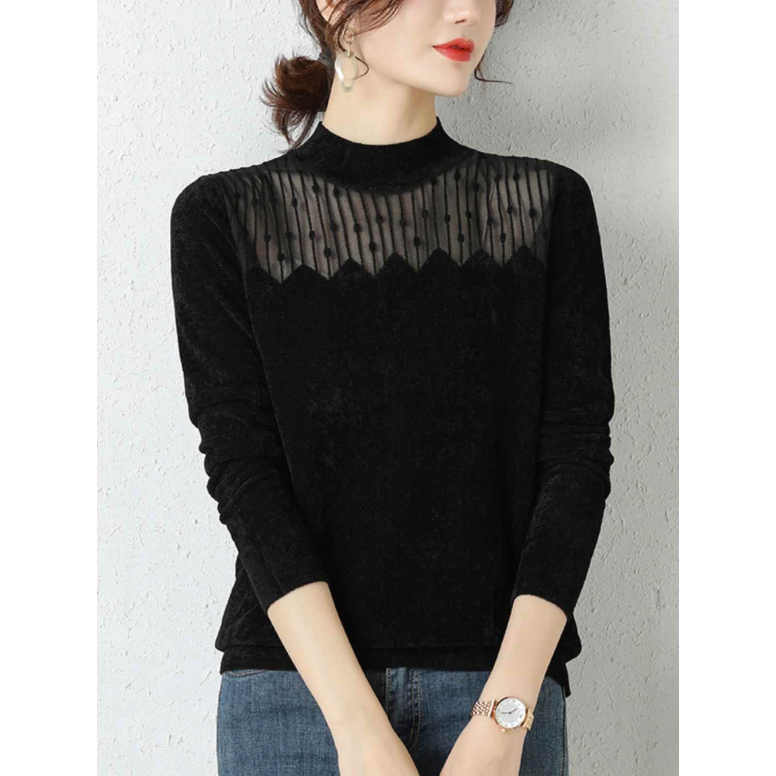 天鹅绒网纱打底衫女士内搭秋冬2024新款爆款洋气针织上衣黑色毛衣